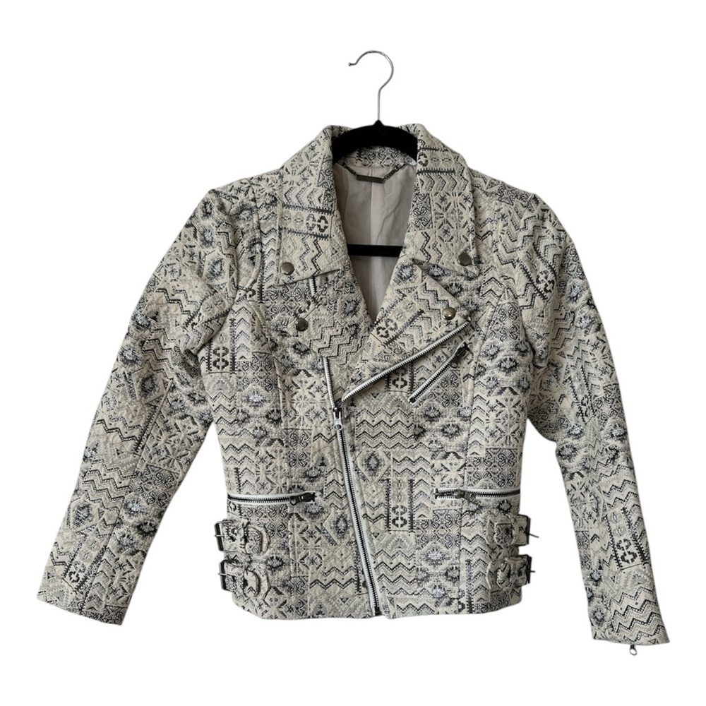 Capulet Metallic Silver Print Ivory Motorcycle Jacket size Small